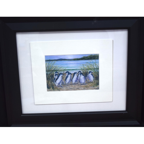 4338 - A framed watercolour of a coastal scene together with another watercolour of penguins 20 x 29cm