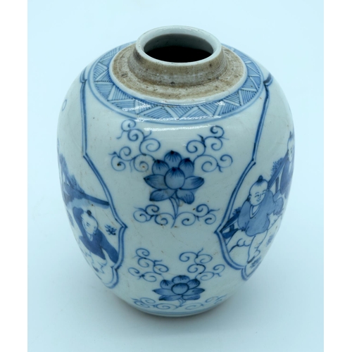 4347 - A Qing Dynasty blue and white jar decorated with lotus and children 14 x 11cm.