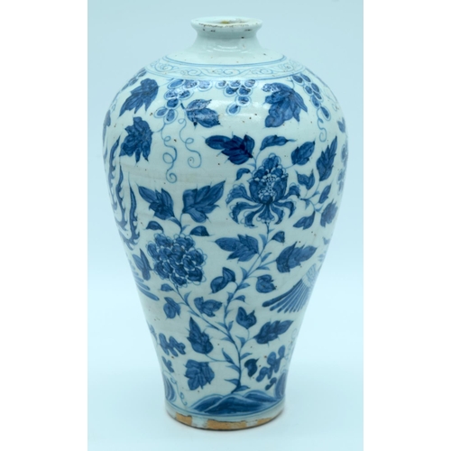 4370 - A Chinese Blue and White Meiping vase decorated with a phoenix and foliage 30cm .