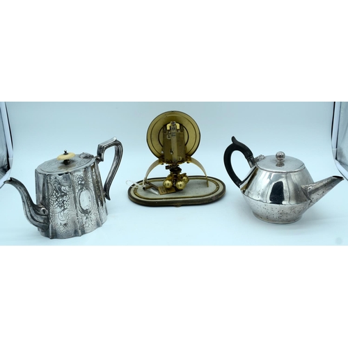 4428 - Two silver plate tea pots and a clock (3).