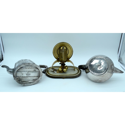 4428 - Two silver plate tea pots and a clock (3).