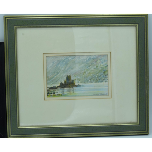 4444 - A framed Watercolour by Bernie O'Donnell of Eilean Donan Castle together with  a small Oil largest 2... 