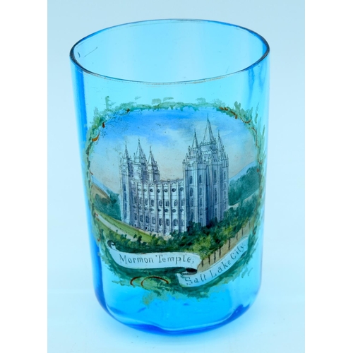 4552 - A small porcelain enamel glass depicting a Mormon temple Salt lake city 10cm.