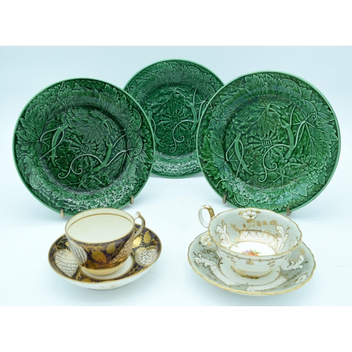 4554 - Miscellaneous porcelain Wedgwood  green lustre glazed plates, Ridgeway and Miles Mason cup and sauce... 