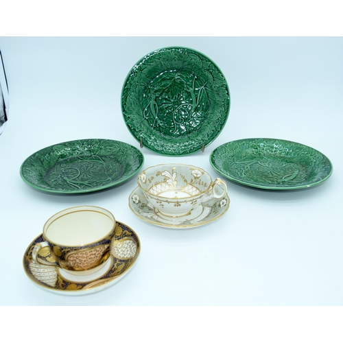 4554 - Miscellaneous porcelain Wedgwood  green lustre glazed plates, Ridgeway and Miles Mason cup and sauce... 