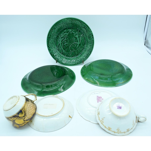 4554 - Miscellaneous porcelain Wedgwood  green lustre glazed plates, Ridgeway and Miles Mason cup and sauce... 