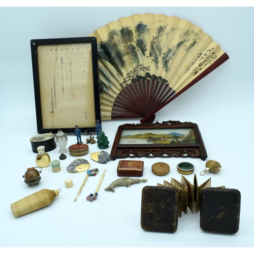 4556 - Miscellaneous group of Oriental small glass screen, bamboo pot, fan , jade etc. (Qty)