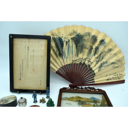 4556 - Miscellaneous group of Oriental small glass screen, bamboo pot, fan , jade etc. (Qty)