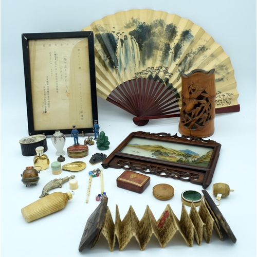 4556 - Miscellaneous group of Oriental small glass screen, bamboo pot, fan , jade etc. (Qty)