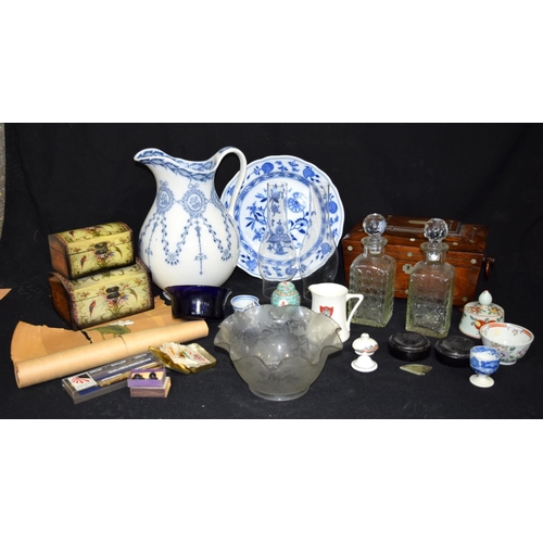 4609 - Miscellaneous group of porcelain, decanters, wooden boxes , military silk badges Etc (Qty)