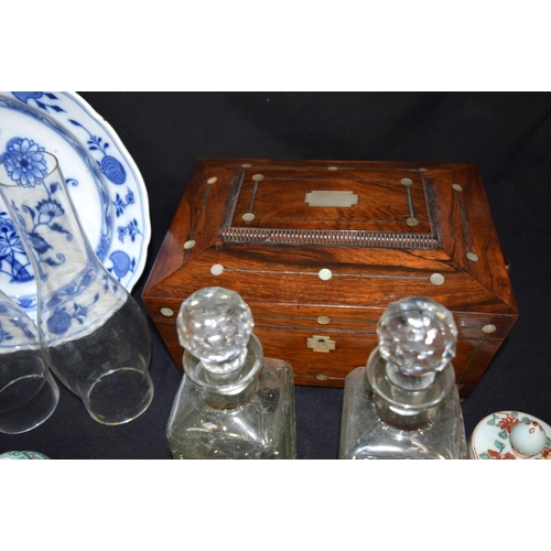 4609 - Miscellaneous group of porcelain, decanters, wooden boxes , military silk badges Etc (Qty)