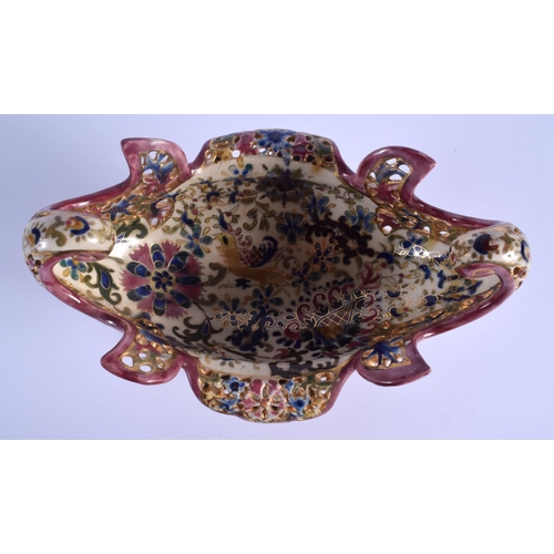 58 - A 19TH CENTURY HUNGARIAN FISCHER POTTERY BOWL upon a gilt metal base. 24 cm x 18 cm.