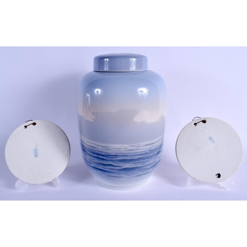 69 - A LARGE ROYAL COPENHAGEN PORCELAIN JAR AND COVER together with a pair of bisque porcelain plaques. L... 