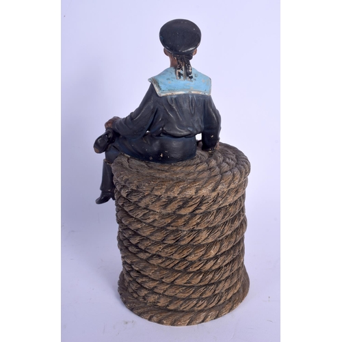 708 - AN ANTIQUE AUSTRIAN TOBACCO JAR AND COVER in the form of a sailor upon ropes. 22 cm high.