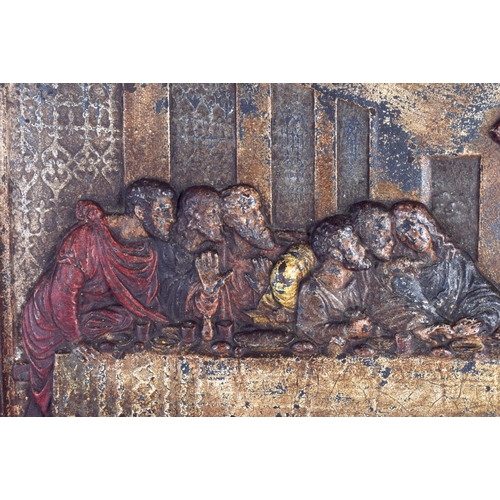 712 - A RARE 19TH CENTURY CONTINENTAL CAST IRON PANEL depicting the last supper. 65 cm x 37 cm.