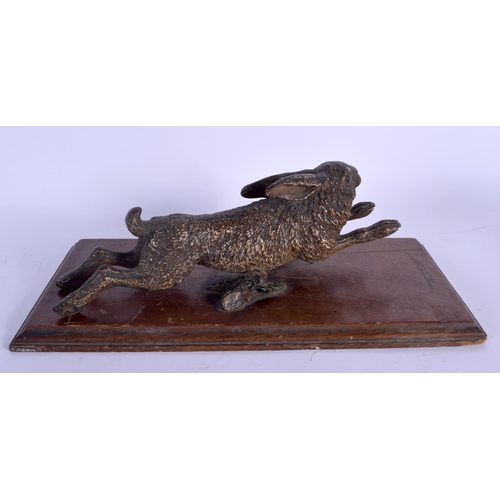 717 - A 19TH CENTURY AUSTRIAN COLD PAINTED BRONZE HARE modelled in a leaping stance. Bronze 25 cm wide.