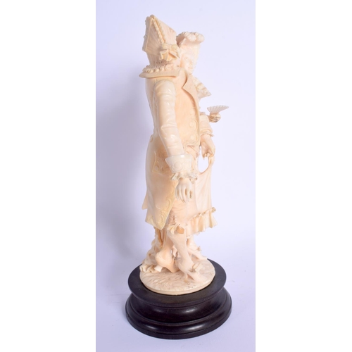 724 - A FINE 19TH CENTURY EUROPEAN DIEPPE IVORY FIGURE OF A DANDY modelled with a female, upon a wooden pl... 