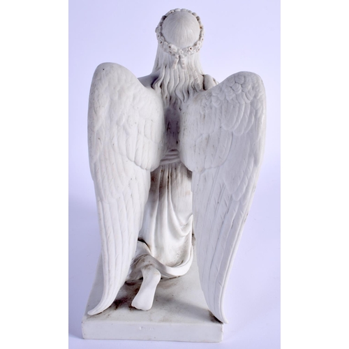 73 - A 19TH CENTURY EUROPEAN ENERET PARIAN WARE FIGURE OF A KNEELING ANGEL modelled seated holding aloft ... 