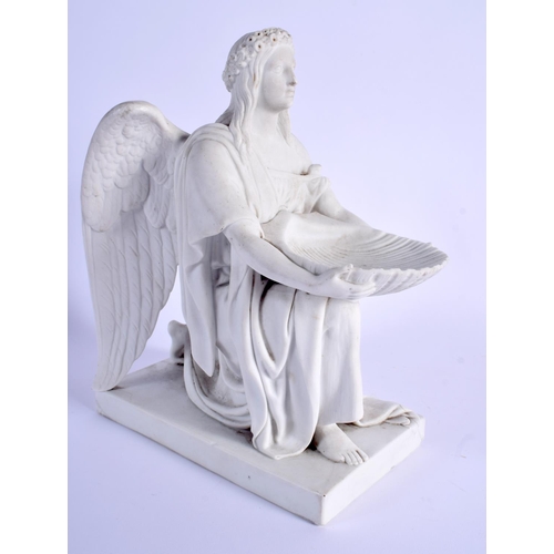 73 - A 19TH CENTURY EUROPEAN ENERET PARIAN WARE FIGURE OF A KNEELING ANGEL modelled seated holding aloft ... 