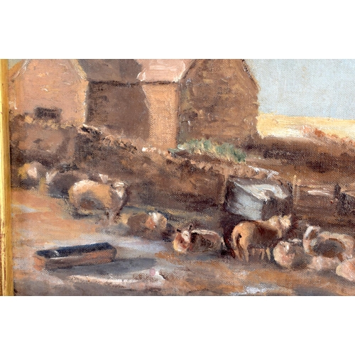 732 - European School (C1980) Oil on board, roaming sheep. Image 27 cm x 19 cm.