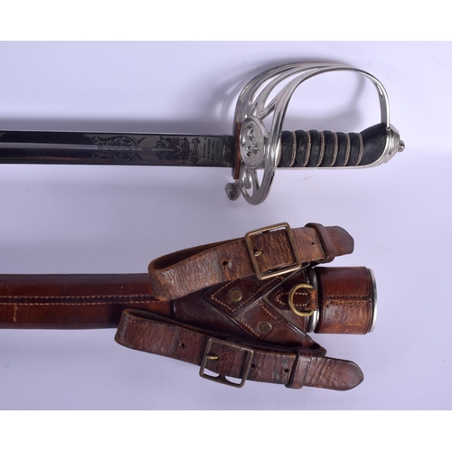 734 - A HENRY WILKINSON STEEL HANDLED SWORD with leather mounts. 94 cm long.