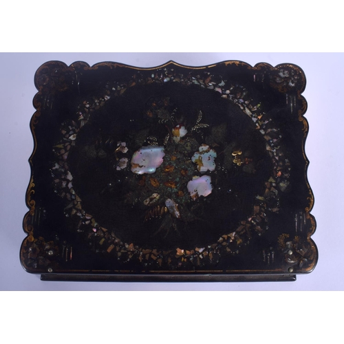 738 - A VICTORIAN PAPER MACHE BLACK LACQUER DESK BOX. 27 cm x 22 cm.