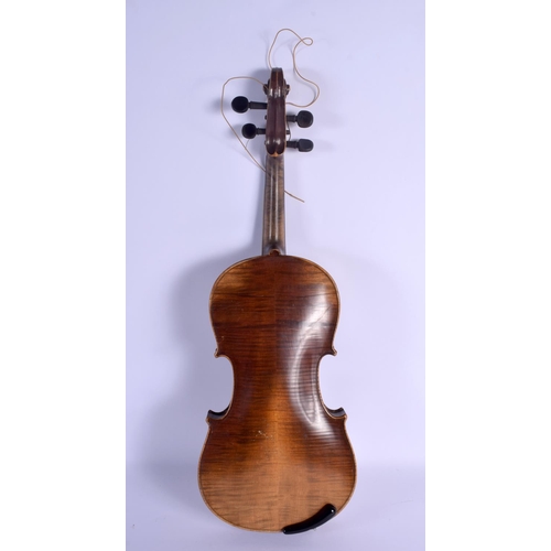 743 - A CASED TWO PIECE BACK VIOLIN with bow. 58 cm long. (2)