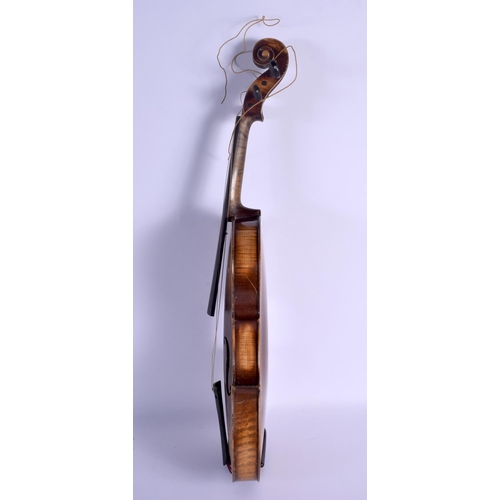 743 - A CASED TWO PIECE BACK VIOLIN with bow. 58 cm long. (2)