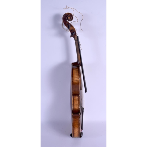 743 - A CASED TWO PIECE BACK VIOLIN with bow. 58 cm long. (2)