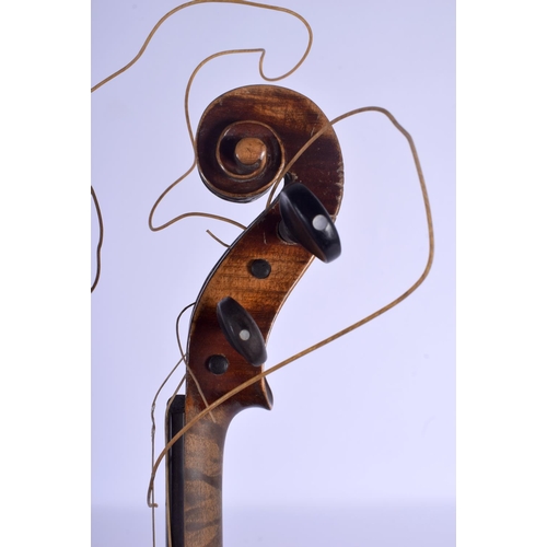 743 - A CASED TWO PIECE BACK VIOLIN with bow. 58 cm long. (2)