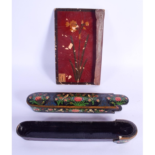 759 - A 19TH CENTURY ISLAMIC MIDDLE EASTERN LACQUER SLIDING PEN BOX together with a Qajar book cover. Larg... 