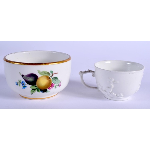 76 - AN 18TH CENTURY MEISSEN BLANC DE CHINE CUP AND SAUCER together with a Marcolini period sugar bowl. L... 