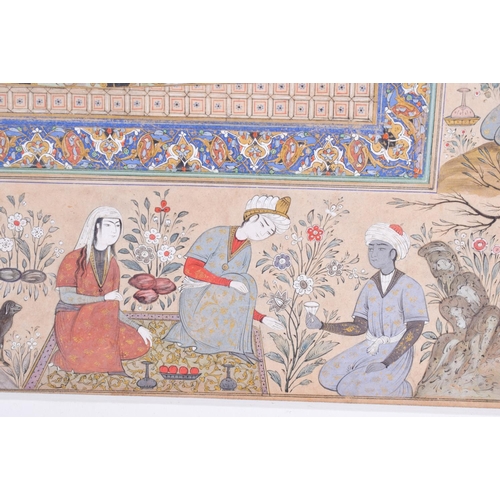 761 - A FINE 19TH CENTURY MIDDLE EASTERN ISLAMIC PAINTED WATERCOLOUR depicting a central male within a ban... 