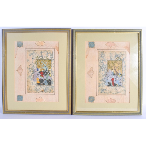 763 - A PAIR OF 19TH CENTURY MIDDLE EASTERN ISLAMIC PAINTED WATERCOLOURS depicting figures within landscap... 