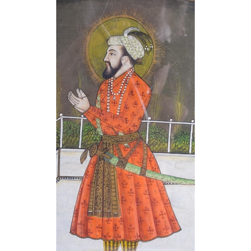 765 - A LARGE 19TH CENTURY MIDDLE EASTERN ISLAMIC PAINTED PORTRAIT modelled as a male, together with anoth... 