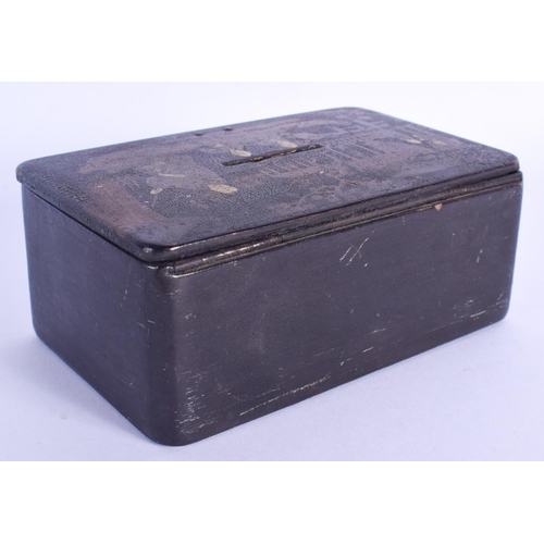 771 - AN ANTIQUE CONTINENTAL BLACK LACQUER MONEY BOX decorated win chinoiserie 12 cm x 8 cm.