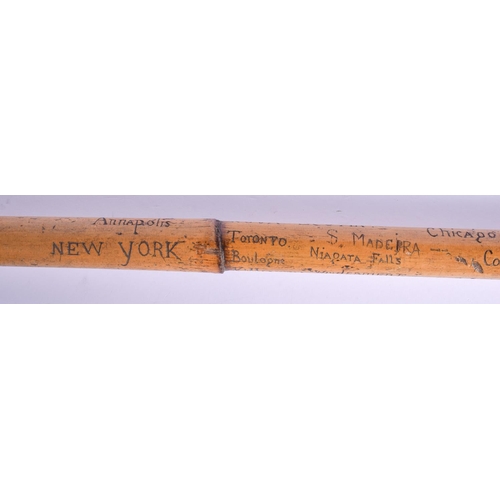 808 - AN UNUSUAL 19TH CENTURY CARVED FOLK ART WALKING CANE inscribed with countries. 82 cm long.