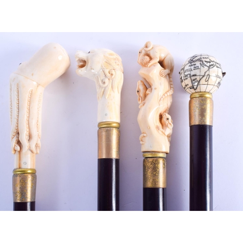 811 - FOUR UNUSUAL CONTINENTAL CARVED BONE WALKING CANES with wooden shafts. 92 cm long.