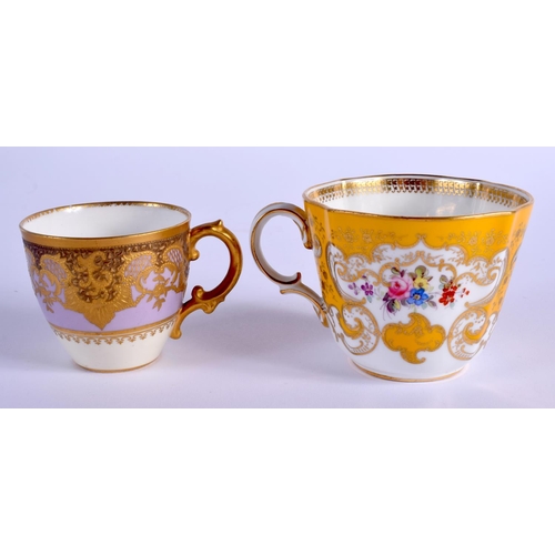 90 - ROYAL CROWN DERBY HEAVILY GILDED SMALL CUP AND SAUCER with yellow and lavender ground date code reta... 