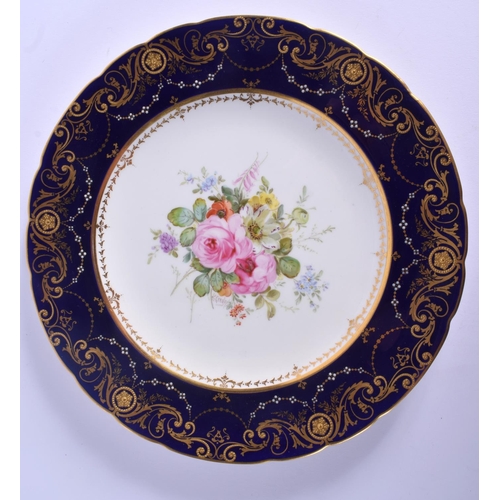 91 - ROYAL CROWN DERBY PLATE painted with flowers by Cuthbert Gresley, signed, under a cobalt blue border... 