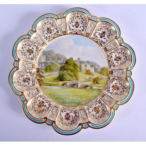 92 - ROYAL CROWN DERBY OF LOBED SHAPE painted with a view of Haddon Hall by WEJ Dean, signed, green mark ... 