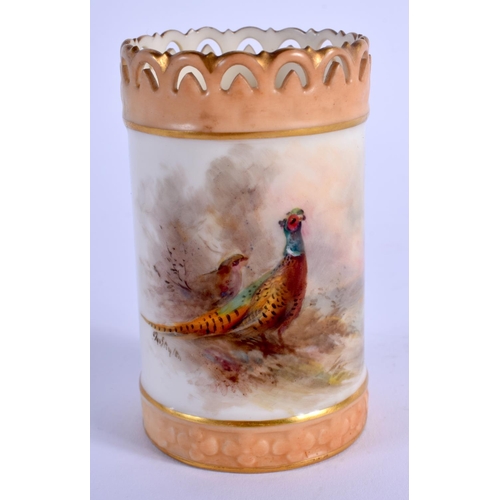 95 - A ROYAL WORCESTER VASE with pierced neck painted with a brace of pheasants by Jas Stinton, signed, s... 