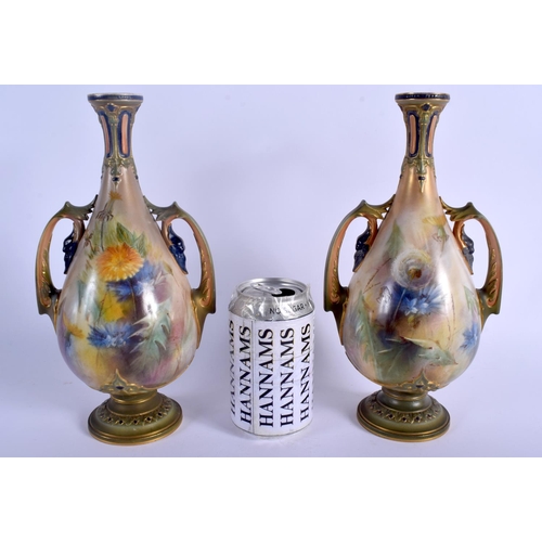 98 - A LATE 19TH C. HADLEYS WORCESTER PAIR OF VASES painted with flowers , green mark