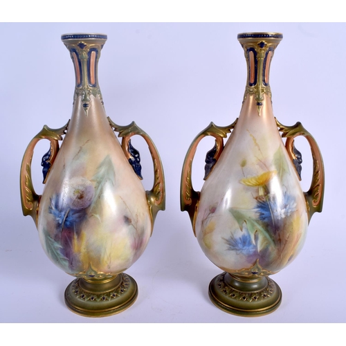 98 - A LATE 19TH C. HADLEYS WORCESTER PAIR OF VASES painted with flowers , green mark