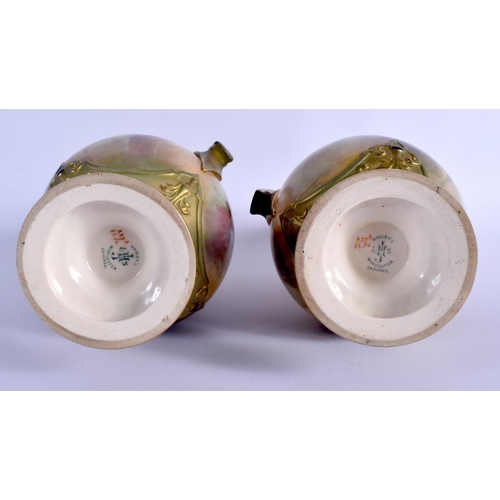 98 - A LATE 19TH C. HADLEYS WORCESTER PAIR OF VASES painted with flowers , green mark