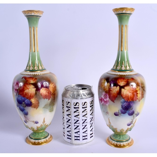 99 - A ROYAL WORCESTER PAIR OF VASES painted with autumnal leaves and berries by May Blake, signed M. Bla... 