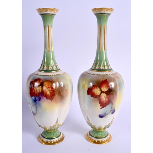 99 - A ROYAL WORCESTER PAIR OF VASES painted with autumnal leaves and berries by May Blake, signed M. Bla... 