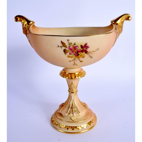 100 - Royal Worcester pedestal boat shape vase painted with coloured flowers on a blush ivory ground date ... 