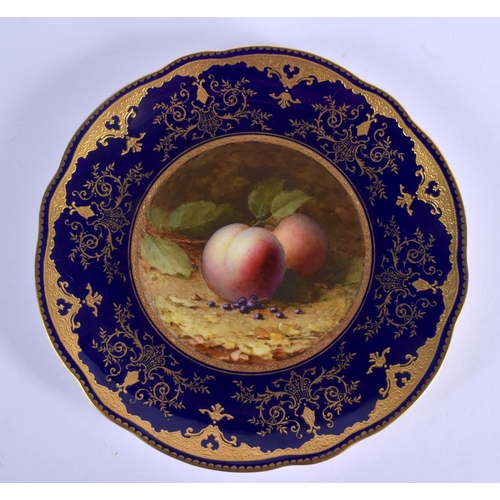 102 - Early 20th c. Coalport plate painted with fruit on a mossy bank under a cobalt and raised gilt borde... 