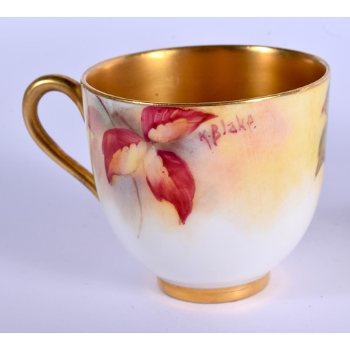 107 - Royal Worcester demi tasse coffee cup and saucer painted with autumnal leaves and berries by Kitty B... 